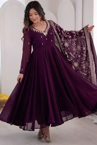 heavy fux georgette embroidery khatli work and mirror work wine readymade ethnic gown