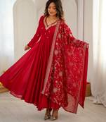 heavy fux georgette embroidery khatli work and mirror work red readymade ethnic gown