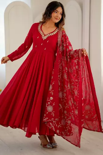 heavy fux georgette embroidery khatli work and mirror work red readymade ethnic gown