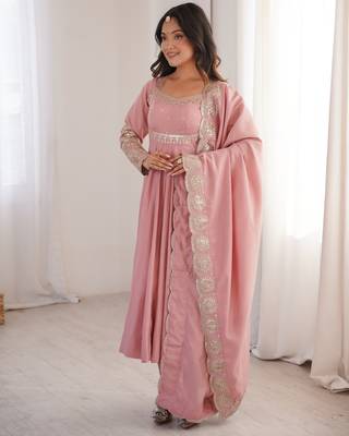 Heavy roman silk embroidery sequnce work light pink readymade ethnic gown 1