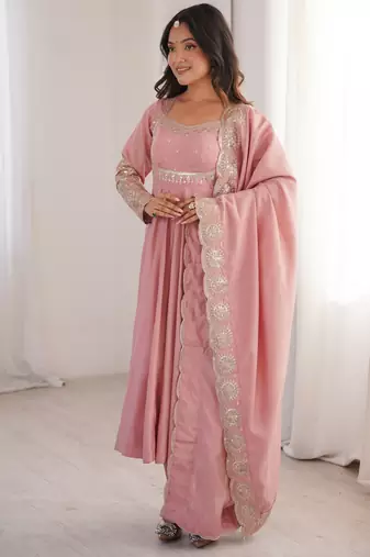 Heavy roman silk embroidery sequnce work light pink readymade ethnic gown