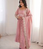 Heavy roman silk embroidery sequnce work light pink readymade ethnic gown