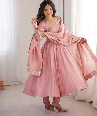 Heavy roman silk embroidery sequnce work light pink readymade ethnic gown 2