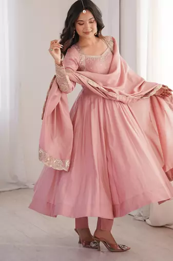 Heavy roman silk embroidery sequnce work light pink readymade ethnic gown