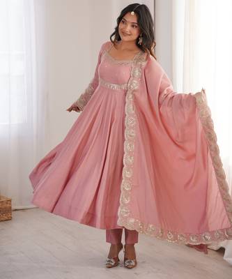 Heavy roman silk embroidery sequnce work light pink readymade ethnic gown 3