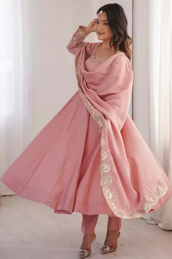 Heavy roman silk embroidery sequnce work light pink readymade ethnic gown