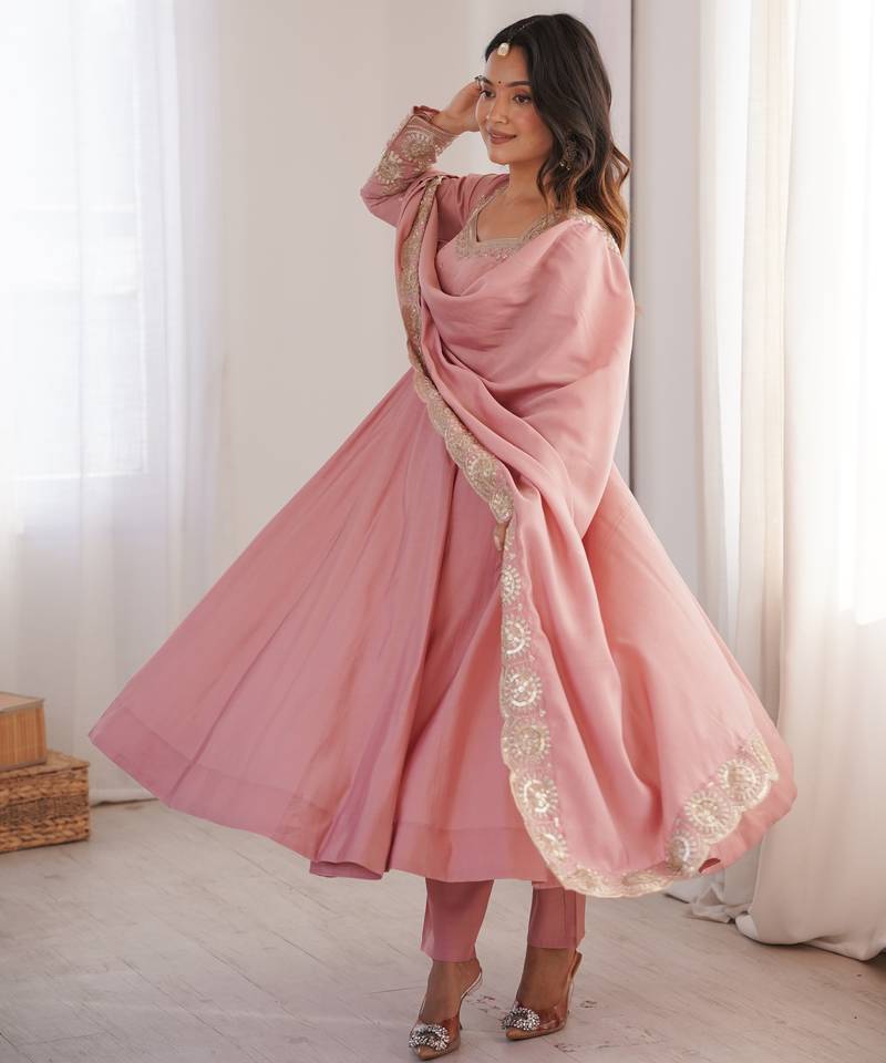 Heavy roman silk embroidery sequnce work light pink readymade ethnic gown