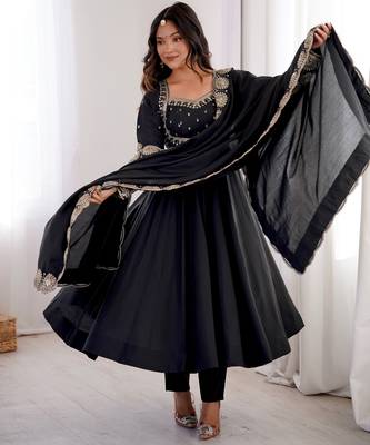 Heavy roman silk embroidery sequnce work black readymade ethnic gown 1