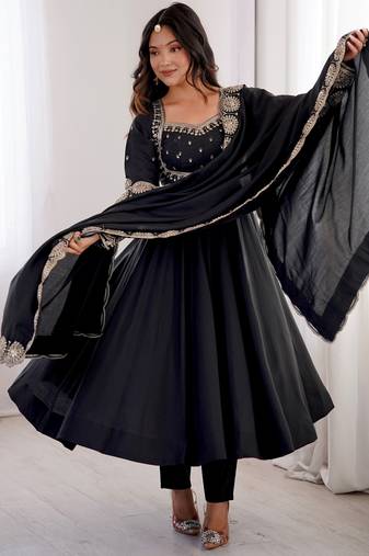Heavy roman silk embroidery sequnce work black readymade ethnic gown
