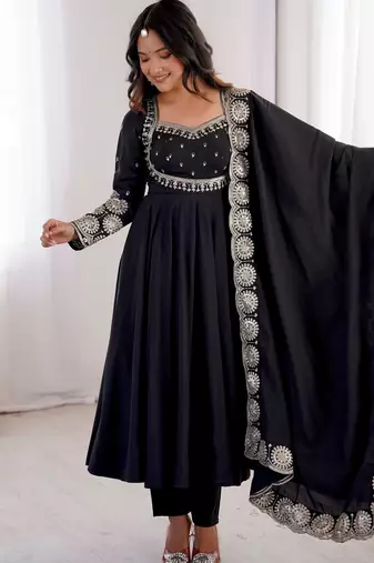 Heavy roman silk embroidery sequnce work black readymade ethnic gown