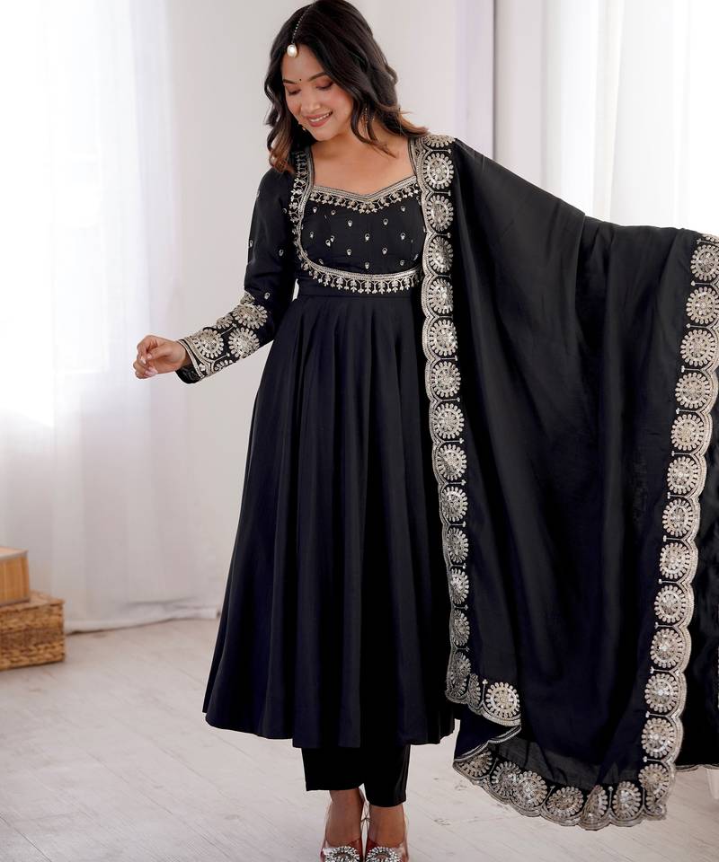 Heavy roman silk embroidery sequnce work black readymade ethnic gown