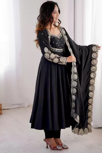 Heavy roman silk embroidery sequnce work black readymade ethnic gown