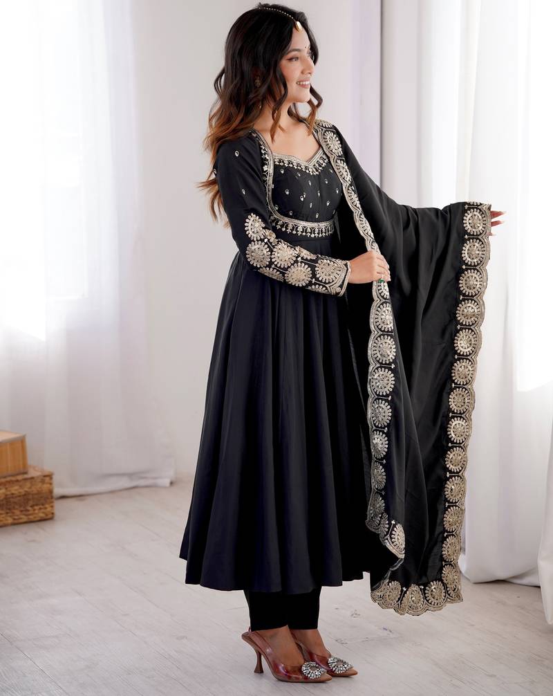 Heavy roman silk embroidery sequnce work black readymade ethnic gown