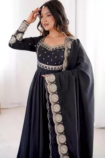 Heavy roman silk embroidery sequnce work black readymade ethnic gown