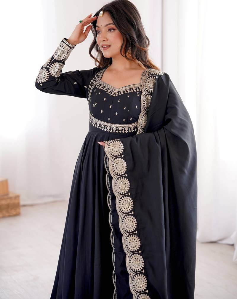 Heavy roman silk embroidery sequnce work black readymade ethnic gown