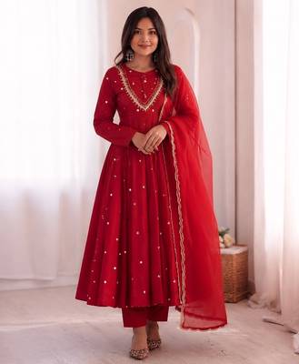 trendy roman silk embroidery sequence and mirror work red readymade ethnic gown 1