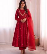 trendy roman silk embroidery sequence and mirror work red readymade ethnic gown