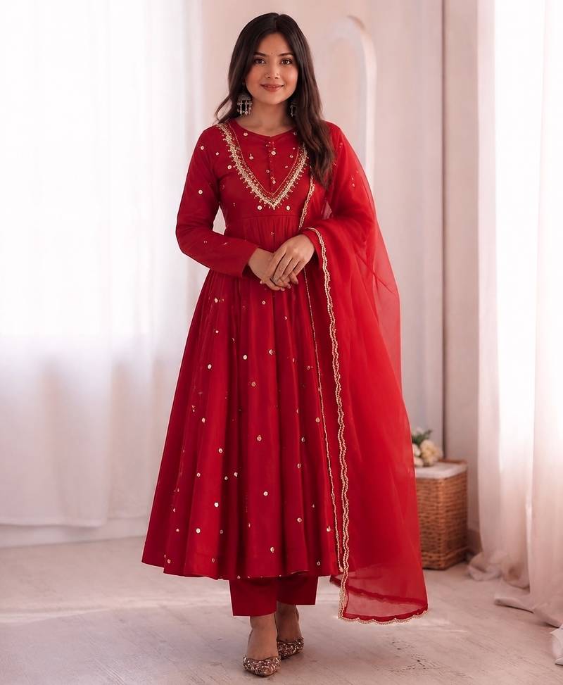 trendy roman silk embroidery sequence and mirror work red readymade ethnic gown