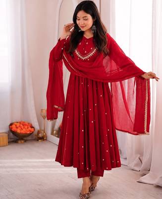 trendy roman silk embroidery sequence and mirror work red readymade ethnic gown 2