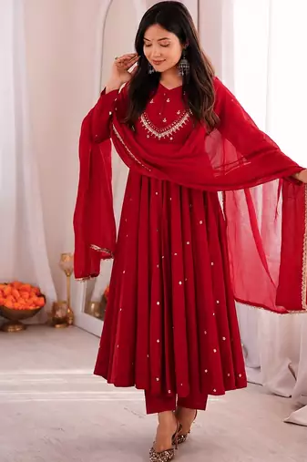 trendy roman silk embroidery sequence and mirror work red readymade ethnic gown