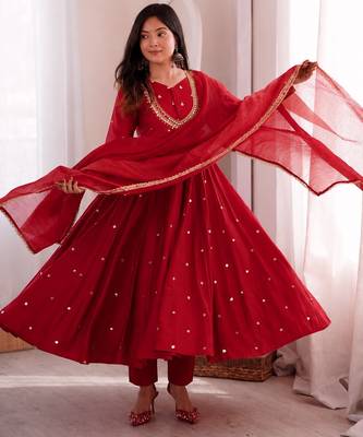 trendy roman silk embroidery sequence and mirror work red readymade ethnic gown 3
