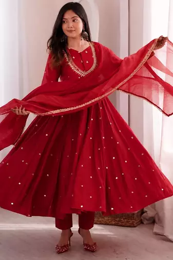 trendy roman silk embroidery sequence and mirror work red readymade ethnic gown