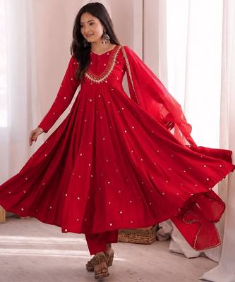 trendy roman silk embroidery sequence and mirror work red readymade ethnic gown 4