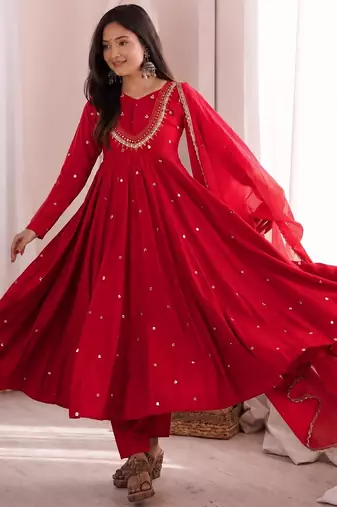 trendy roman silk embroidery sequence and mirror work red readymade ethnic gown