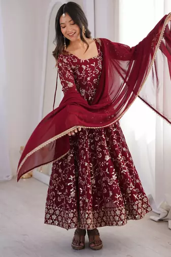 heavy faux georgette embroidery sequence work maroon readymade ethnic gown