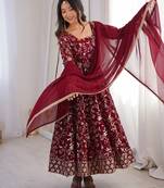 heavy faux georgette embroidery sequence work maroon readymade ethnic gown