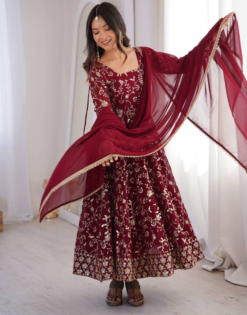 heavy faux georgette embroidery sequence work maroon readymade ethnic gown
