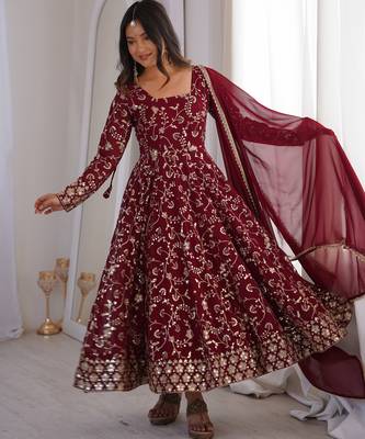 heavy faux georgette embroidery sequence work maroon readymade ethnic gown 2