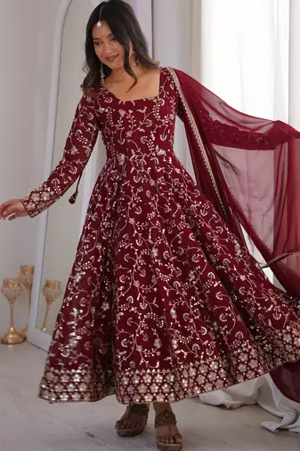 heavy faux georgette embroidery sequence work maroon readymade ethnic gown