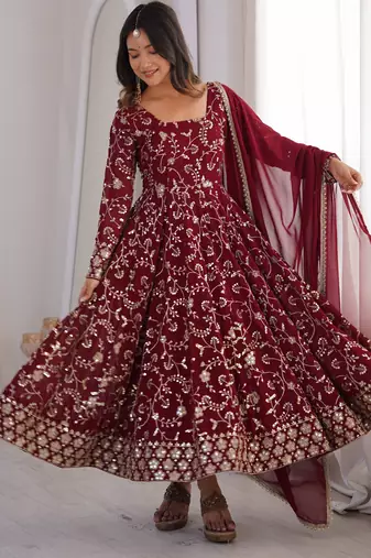 heavy faux georgette embroidery sequence work maroon readymade ethnic gown
