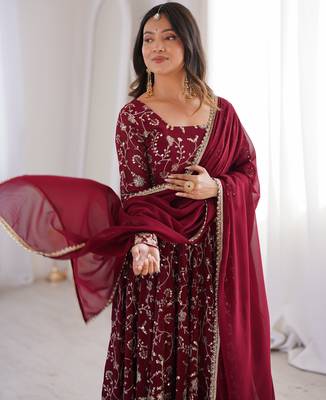 heavy faux georgette embroidery sequence work maroon readymade ethnic gown 4