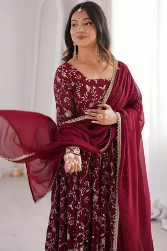 heavy faux georgette embroidery sequence work maroon readymade ethnic gown