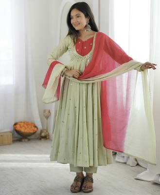 trendy roman silk blend  embroidery sequence and mirror work pista readymade ethnic gown 1