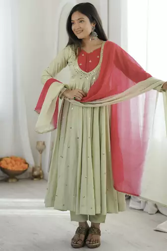 trendy roman silk blend  embroidery sequence and mirror work pista readymade ethnic gown
