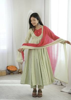 trendy roman silk blend  embroidery sequence and mirror work pista readymade ethnic gown 2