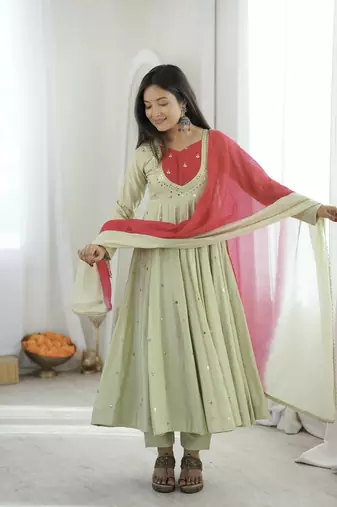 trendy roman silk blend  embroidery sequence and mirror work pista readymade ethnic gown