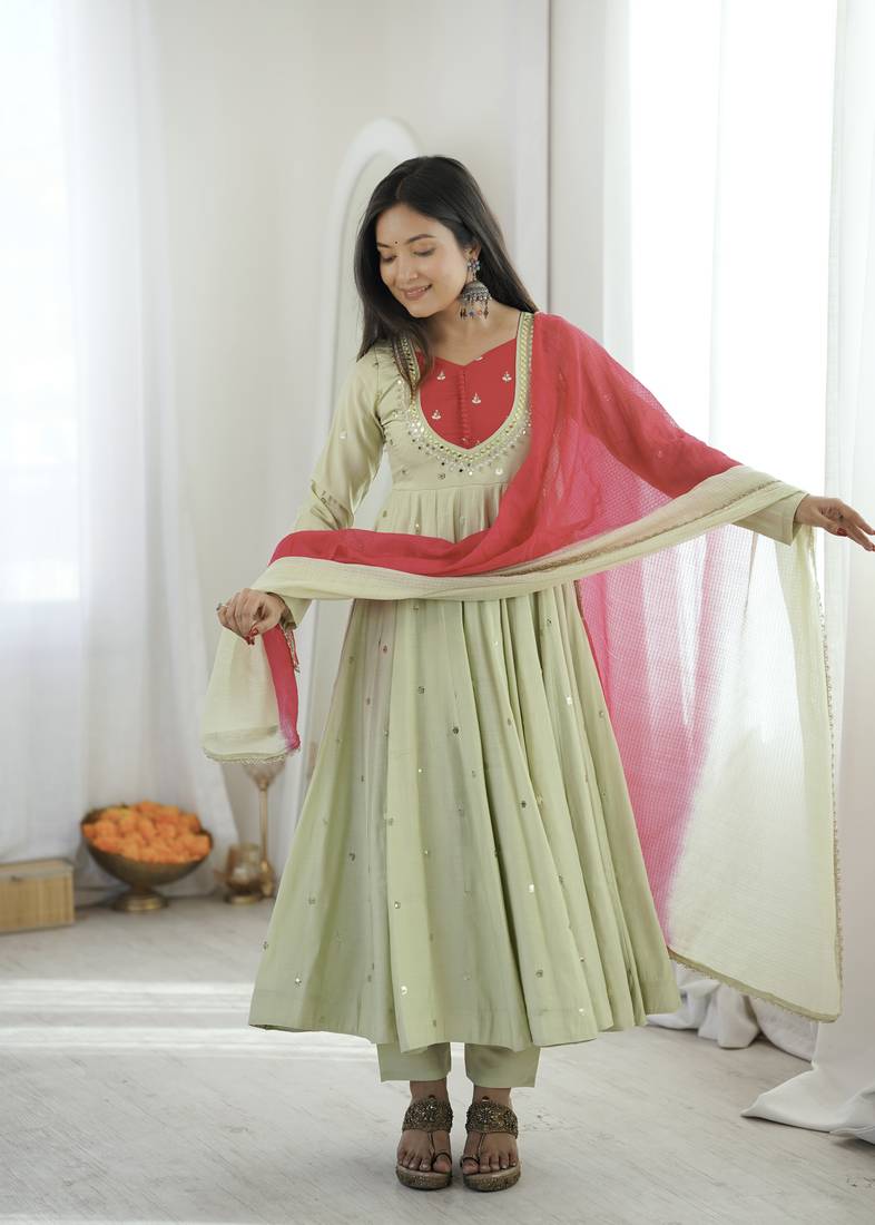 trendy roman silk blend  embroidery sequence and mirror work pista readymade ethnic gown