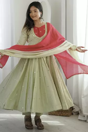 trendy roman silk blend  embroidery sequence and mirror work pista readymade ethnic gown