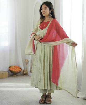 trendy roman silk blend  embroidery sequence and mirror work pista readymade ethnic gown 4