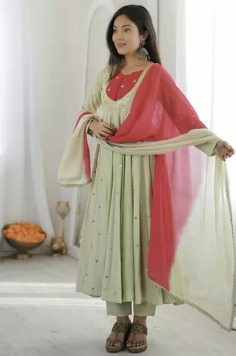 trendy roman silk blend  embroidery sequence and mirror work pista readymade ethnic gown