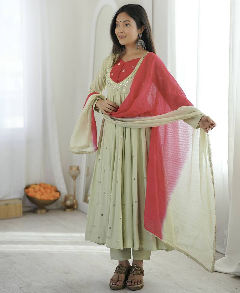 trendy roman silk blend  embroidery sequence and mirror work pista readymade ethnic gown
