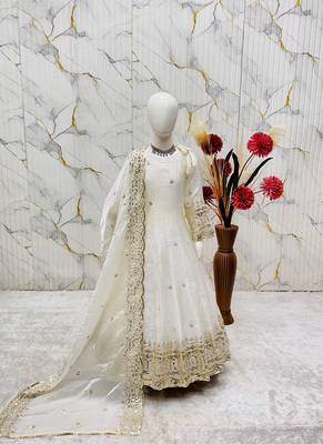 Heavy fendy silk embroidery and sequnce work white readymade salwar suit 2