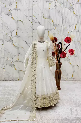 Heavy fendy silk embroidery and sequnce work white readymade salwar suit