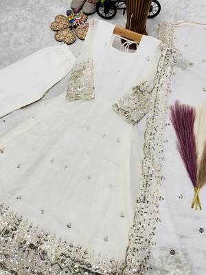 Heavy fendy silk embroidery and sequnce work white readymade salwar suit 3