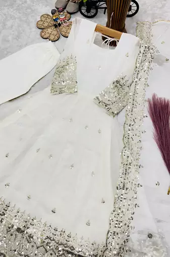 Heavy fendy silk embroidery and sequnce work white readymade salwar suit