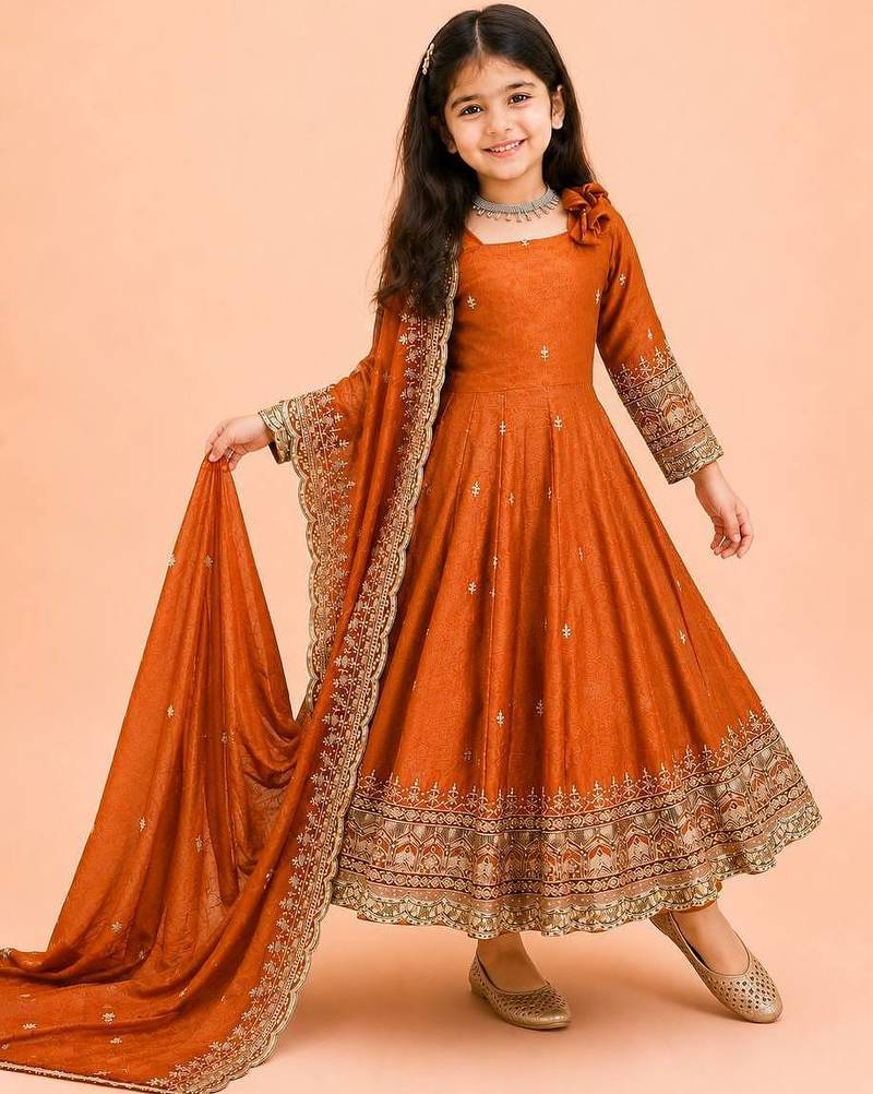 Heavy fendy silk embroidery and sequnce work orange readymade salwar suit